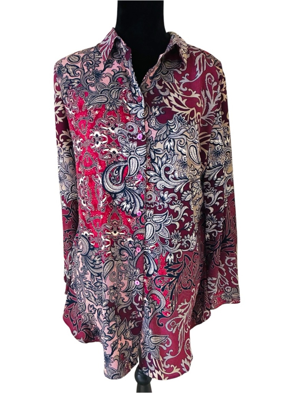 Chico's 1 Size MEDIUM Burgundy Beige Black Paisley Floral Tunic Blouse Top - Picture 2 of 9